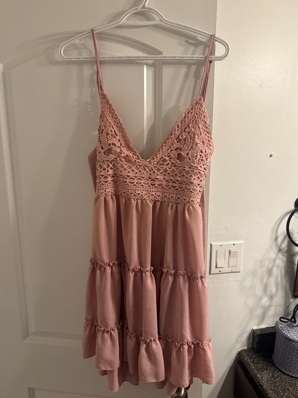 Spaghetti Strap Crochet Bodice Mini Dress - Dusty Rose